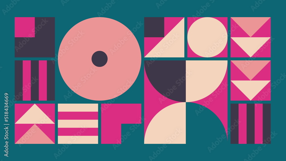 Poster geometric pattern loop. circles, squares animation. modernist abstract seamless background. bauhaus 