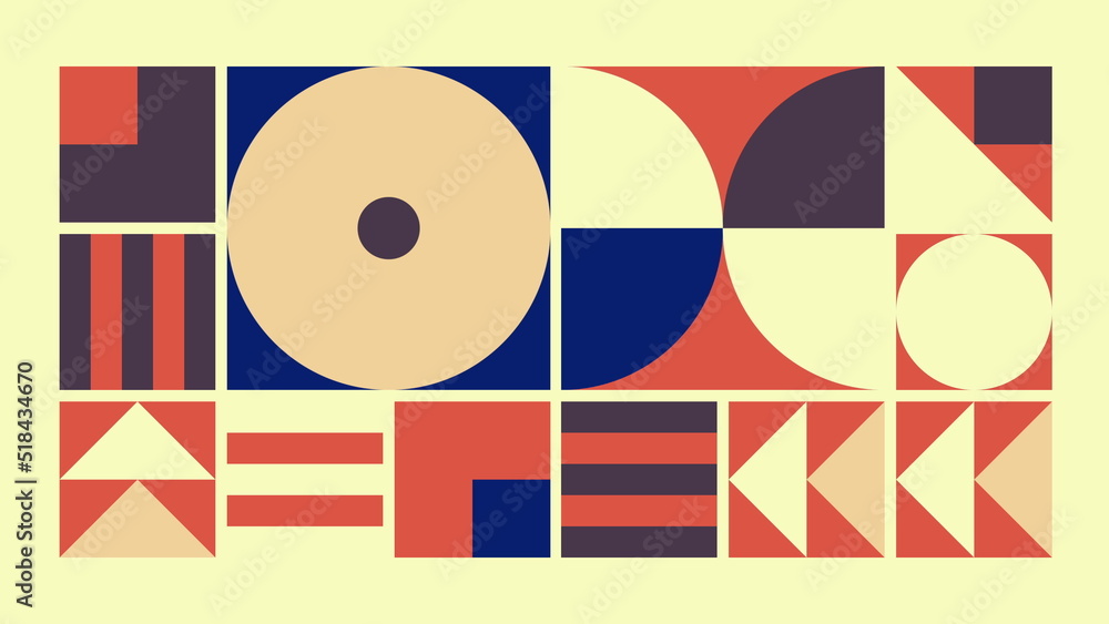 Poster geometric pattern loop. circles, squares animation. modernist abstract seamless background. bauhaus 