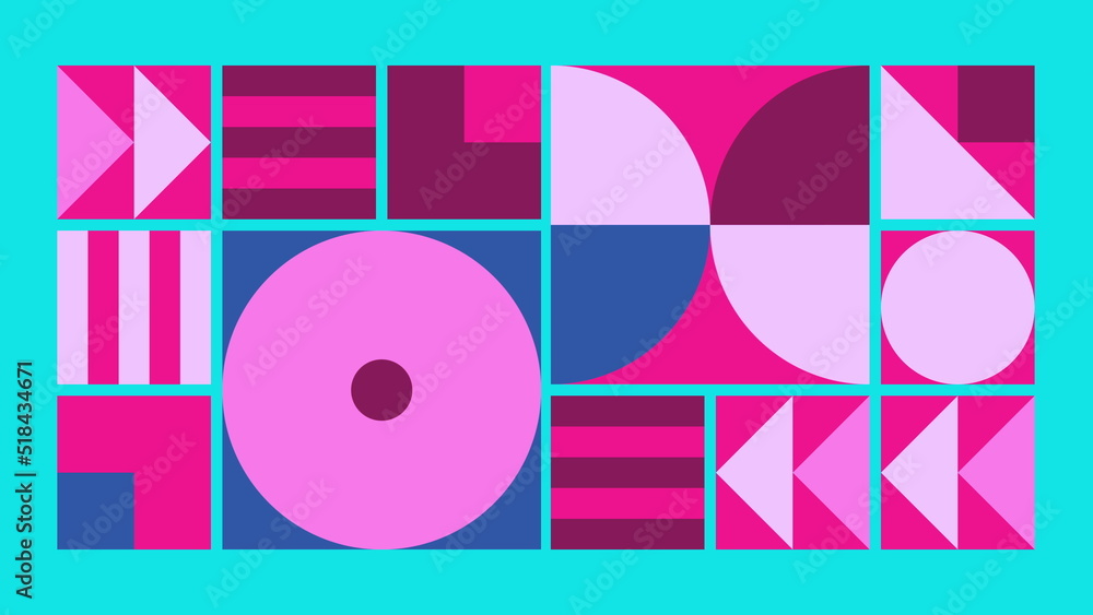 Poster geometric pattern loop. circles, squares animation. modernist abstract seamless background. bauhaus 