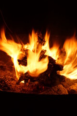 Das Lagerfeuer ist fast niedergebrannt. Eine alte Wurzel brennt. Es ist Nacht, die Flammen sind...