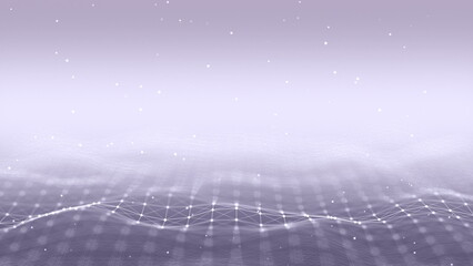 Futuristic flying over 3D plexus white waving terrain abstract technology background - moving dots and lines network connection structure in black space background