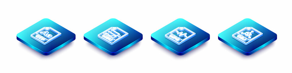 Set Isometric line OTF file document, M3U, MP3 and OBJ icon. Vector