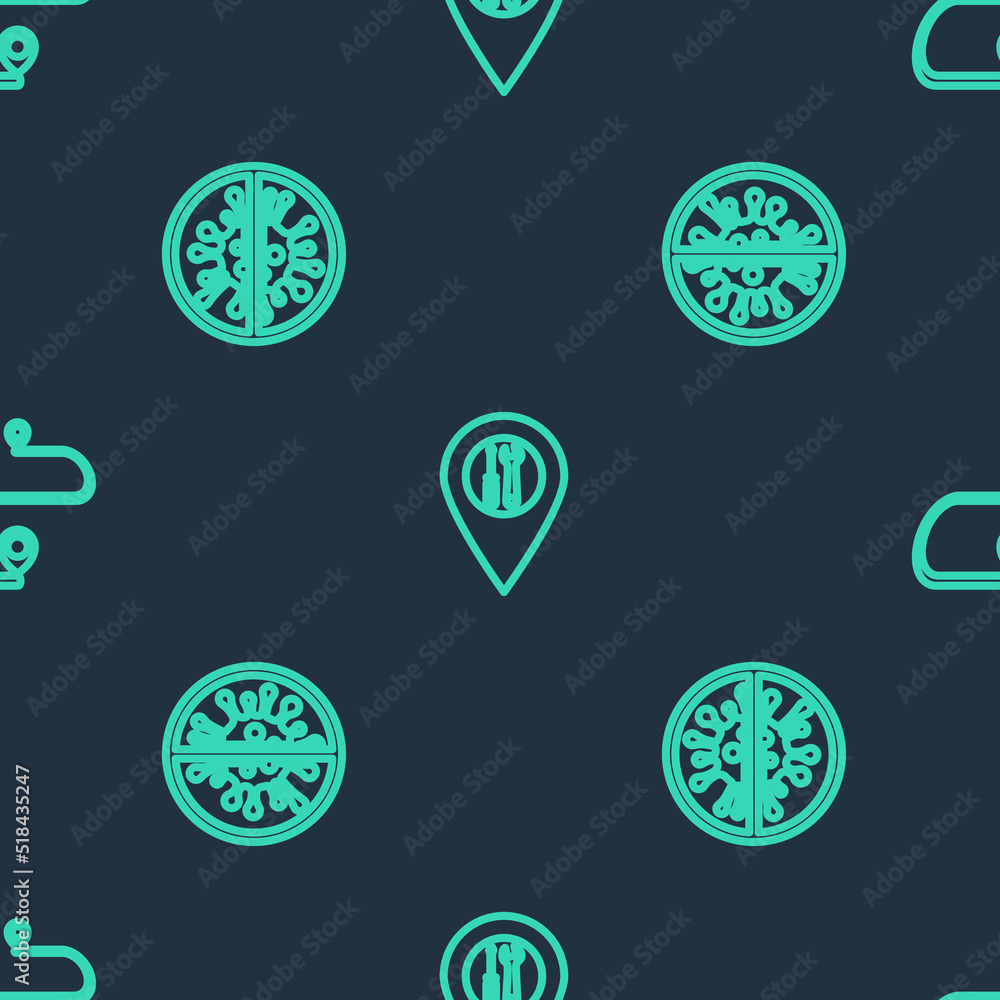 Poster set line location service, stop virus, bacteria and route location on seamless pattern. vector