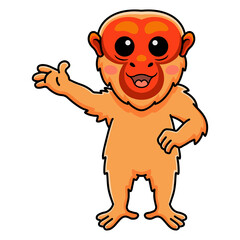 Cute bald uakari monkey cartoon waving hand