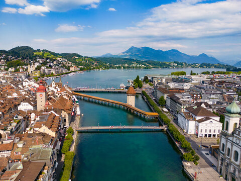 River Reuss in the City of Lucerne in Switzerland from above - aerial view