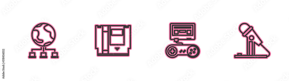 Poster set line computer network, game console with joystick, cartridge and microphone icon. vector