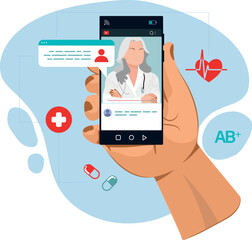 The doctor is on the phone Call a doctor Online doctor s consultation. Laboratory analyzes online View videos or video chat with the doctor Vector illustration