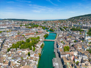 Aerial view over the city center of Zurich Switzerland and River Limmat