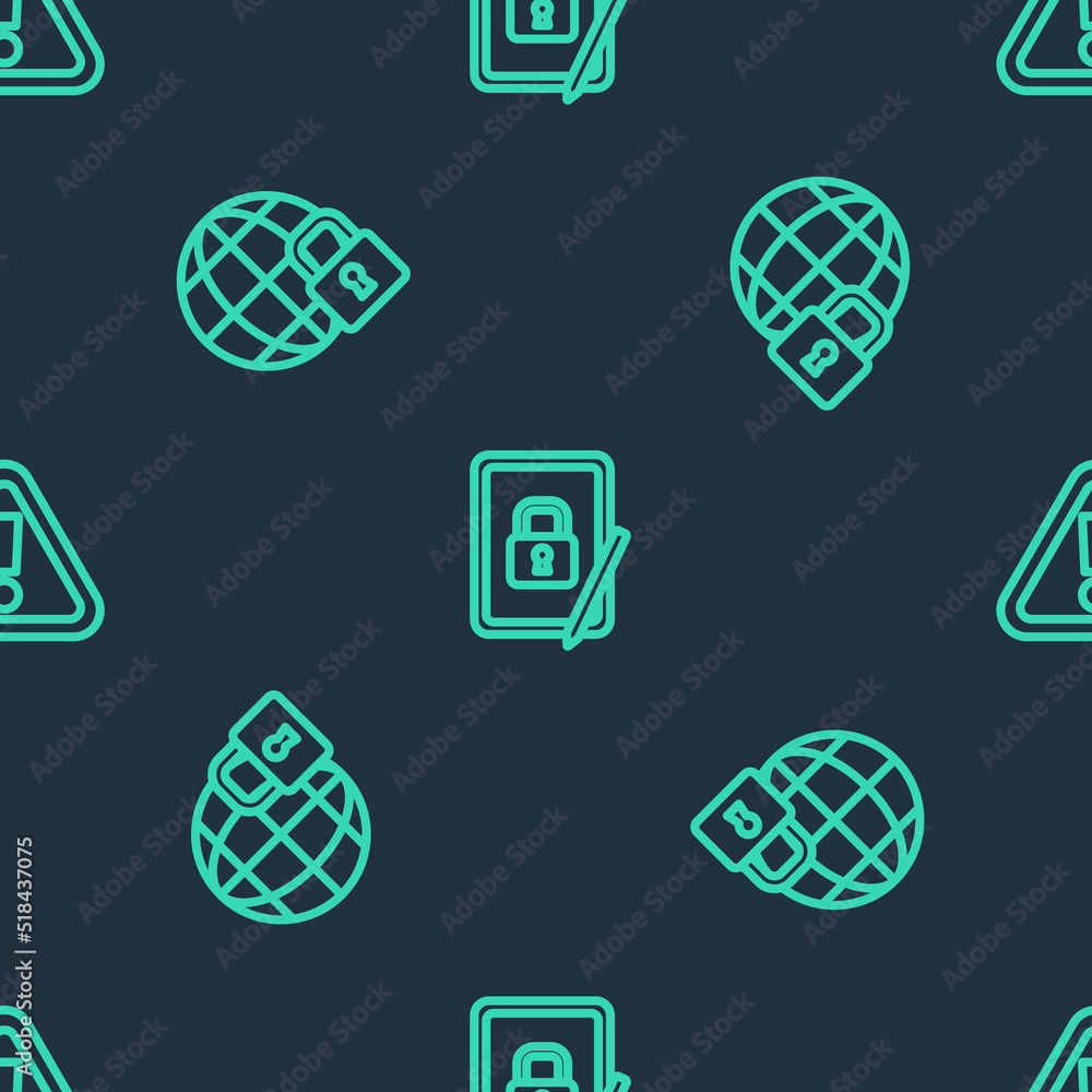 Poster set line tablet with closed padlock, global lockdown and exclamation mark in triangle on seamless pa