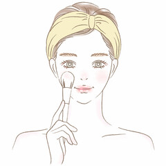 ブラシでメイクするヘアバンドの女性の上半身イラスト