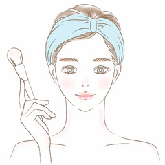 ブラシでメイクするヘアバンドの女性の上半身イラスト
