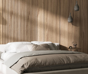 Bedroom interior with wooden panel wall