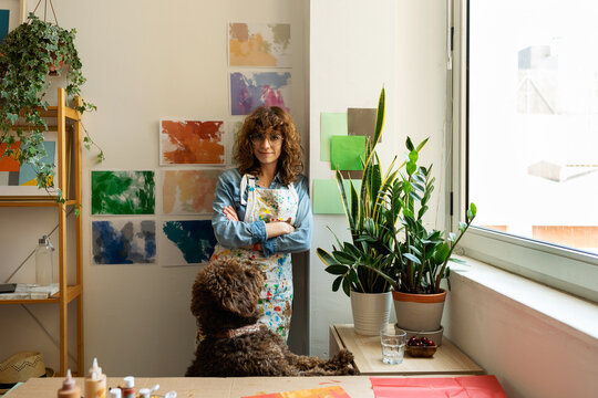 artist and her dog portrait