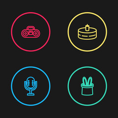 Set line Microphone, Magician hat and rabbit ears, Cake with burning candles and Home stereo two speakers icon. Vector