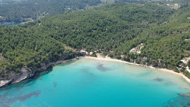 Aerial view over Chrisi Milia beach and the rocky surrounded area in Alonissos island, Greece