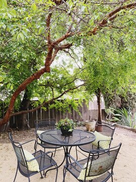 Metal chairs and table in the backyard under the trees