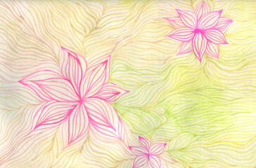 Floral abstract background. Pink flower on yellow-green