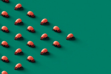 triangle of many pink ladybugs