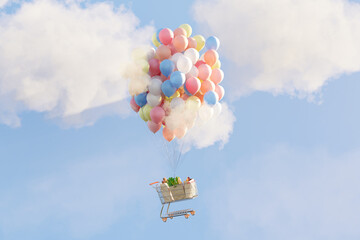 Inflation and rising food prices concept. Cart  lifted by balloons.