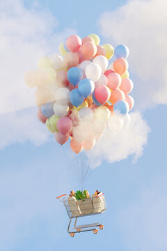 Inflation and rising food prices concept. Cart  lifted by balloons.