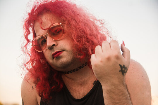 Transgender woman with red lips portrait