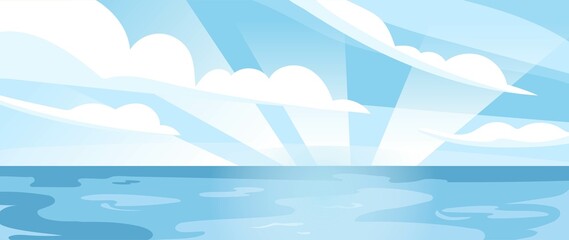 Sea beautiful landscape. Blue ocean on sunny summer or spring day. Stylish wallpaper, graphic elements for website, covers. Travel, trip, vacation and adventure. Cartoon flat vector illustration