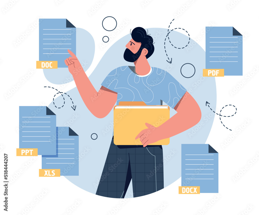 Poster man with text files. guy looking for files in electronic archive. employee of analytical department 