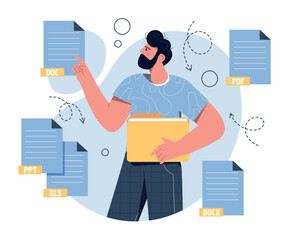 Man with text files. Guy looking for files in electronic archive. Employee of analytical department collects information on Internet. Working with statistics. Cartoon flat vector illustration