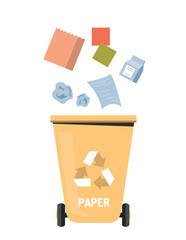 Trash can with paper. Waste sorting concept. Yellow container with package, packaging from milk or yogurt, paper sheet. Responsible society and care for nature. Cartoon flat vector illustration