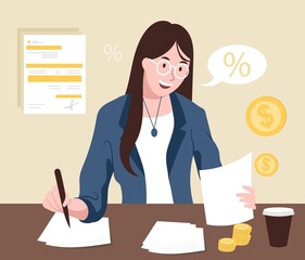 Accountant at workplace. Woman evaluates income and expenses of company, draws up budget. Financial literacy and work with statistics. Analytical department. Cartoon flat vector illustration