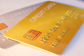 Credit cards close up on a white background
