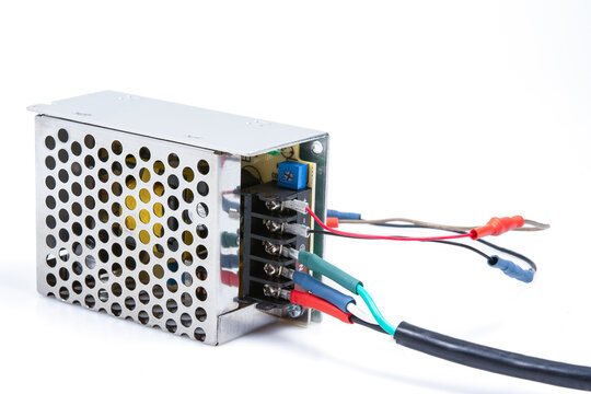 Chrome power supply unit for computer and machine on white background, isolated