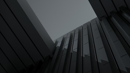 Architectural abstract design wall of blocks with ceiling. Black concrete architectural structure. Dark abstract wall design with shadows. 3D render.