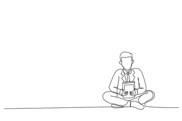 Drawing of worker meditating in lotus pose on the floor in the office. Single line art style