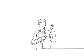 Cartoon of good-looking asian worker making promise, pledge give oath, raise one hand and put palm on hear as being honest and sincere. Single continuous line art style - obrazy, fototapety, plakaty