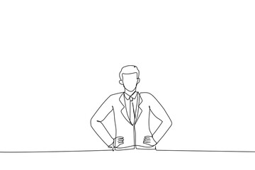 Fototapeta na wymiar Illustration of businessman in glasses looking satisfied, smiling and holding hands on waist, standing. One line art style