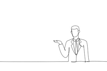 Drawing of young man holding copyspace imaginary on the palm to insert an ad. Single line art style