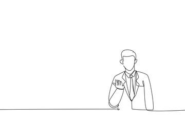 Illustration of smiling businessman hand beckoning someone. One line art style