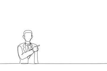 Cartoon of business man pointing space. Single continuous line art style