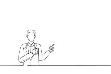 Cartoon of young businessman pointing to side and upwards with both hands showing object in copy space. Single continuous line art style