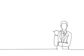Drawing of Excited businessman presenting copy space. Single line art style