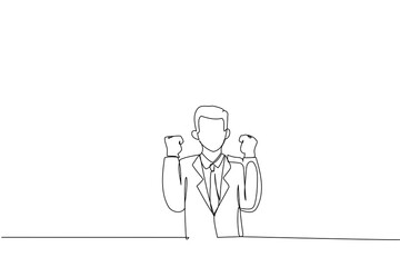 Illustration of ecstatic  businessman showing joy, victory, celebration, trump and excitement clenching fists. One line style art