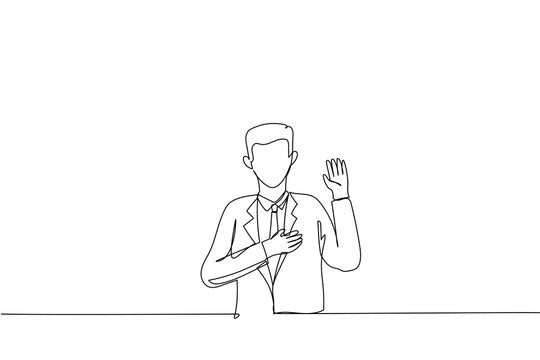 Cartoon of good-looking asian worker making promise, pledge give oath, raise one hand and put palm on hear as being honest and sincere. Single continuous line art style