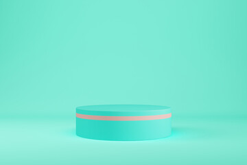 Abstract minimal pastel background. Cylindrical mint colored pedestal or podium for product display