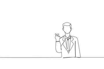 Cartoon of Asian businessman showing mini heart or heart shaped hands gesture blank copy space. Continuous line art