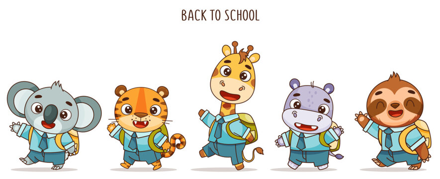Set of kids kawaii tropical animals go to school. Vector illustration for designs, prints, patterns. Isolated on white background