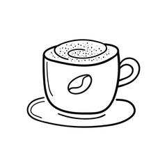 Coffee capuccino with cinnamon in white porcelan cup. Doodle sketch style hand drawn vector illustration in engraved style. For menu, bar, coffee shop, cafe, restaurant, banner.