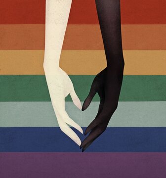 Two hands making a heart shape with rainbow colors