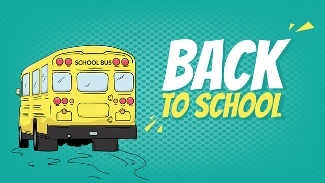 Back to school banner on halftone green background color. illustration of school bus, good for ads banner.