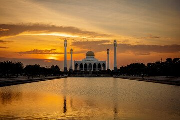 Landscape of beautiful sunset sky at Central Mosque in Songkhla province, Southern of Thailand.
